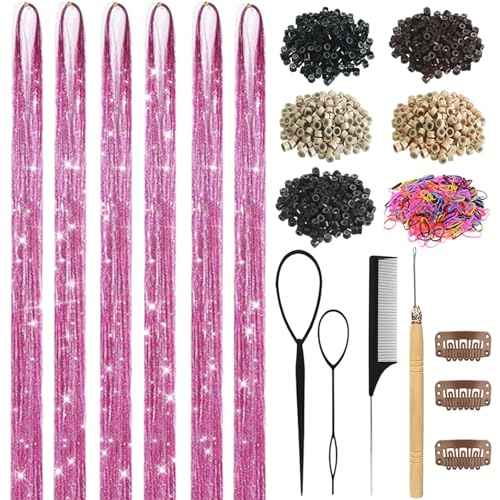 Hair Tinsel, Hair Tinsel Kit for Girls 1800 Strands Fairy Tinsel Hair Extensions Holographic Hair Tinsel Heat Resistant Colored Hair Glitter Christmas Party Festival (N/Pink)