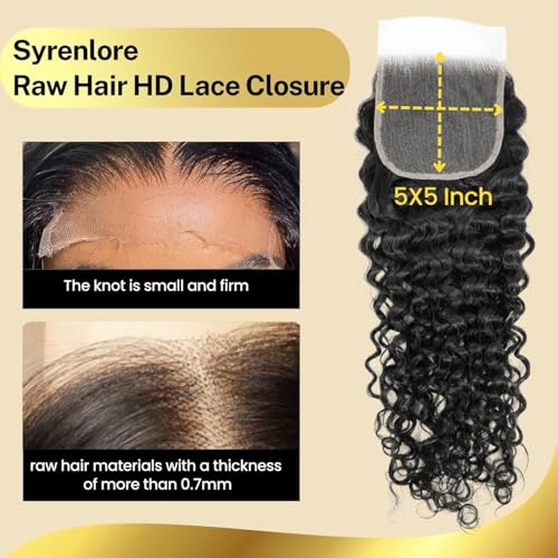 5x5 Skinlike Real HD Lace Closure Only Water Wave Human Hair, 18 Inch 0.09mm Ultra-thin Invisible Swiss Crystal Lace Closure 13A Wet n Wavy Curly Raw Hair Pre-Plucked Tiny Knot Natural Black