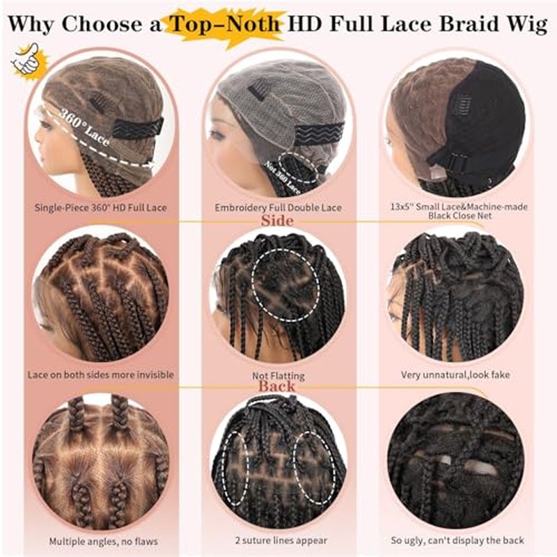 Lexqui 36" 360¡Æ HD Full Lace Large Square Knotless Braided Wigs for Women Box Braid Wig Braided Lace Front Wigs Premium Synthetic Braid Wig with Baby Hair Brown
