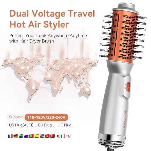 Travel Hair Dryer Brush, Dual Voltage 100?240V 4-in-1 Hot Air Brush with 3 Heat & 2 Speed Settings for Drying, Straightening, Curling & Volumizing, Mini Ionic Thermal Blow Dryer Brush for Women