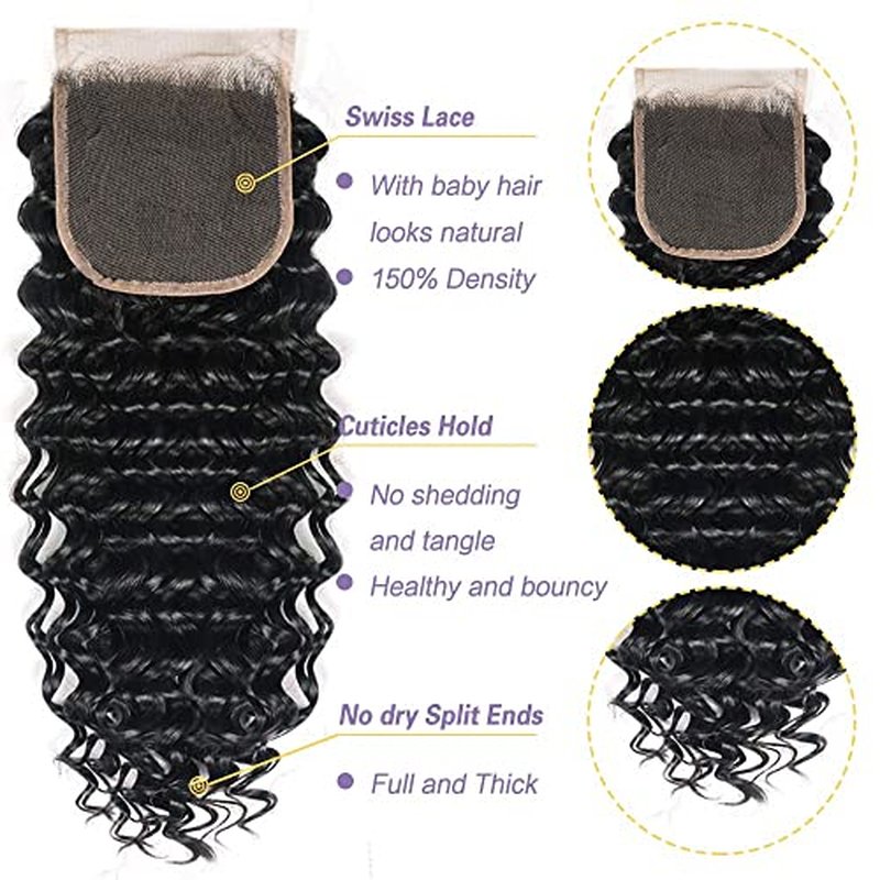 Human Hair Bundles with Closure 100% Unprocessed Deep Wave Bundles (14 16 18+12) 3 Bundles Human Hair with 4x4 Free Part Lace Frontal for Women Natural Color
