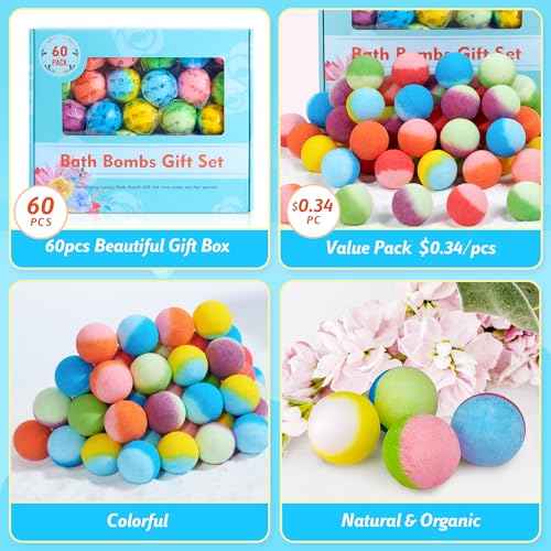 60 Pcs Bath Bombs Set - Massive Quantity Natural Bath Bombs for Kids/Women/Men Individually Wrapped Handmade Organic Bath Supplies Relaxing Kit - for Birthday, Christmas, Mother's Day