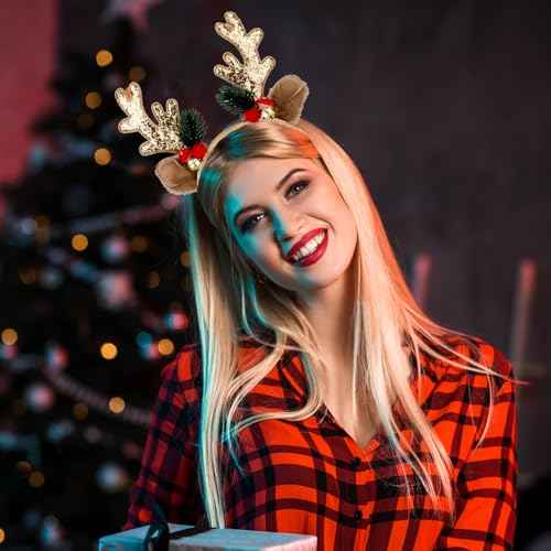 Christmas Reindeer Antlers Headband, Gold Deer Antlers Hair Hoop with Jingle Bells Glitter Antler Ears Headband Xmas Costume for Women Girls