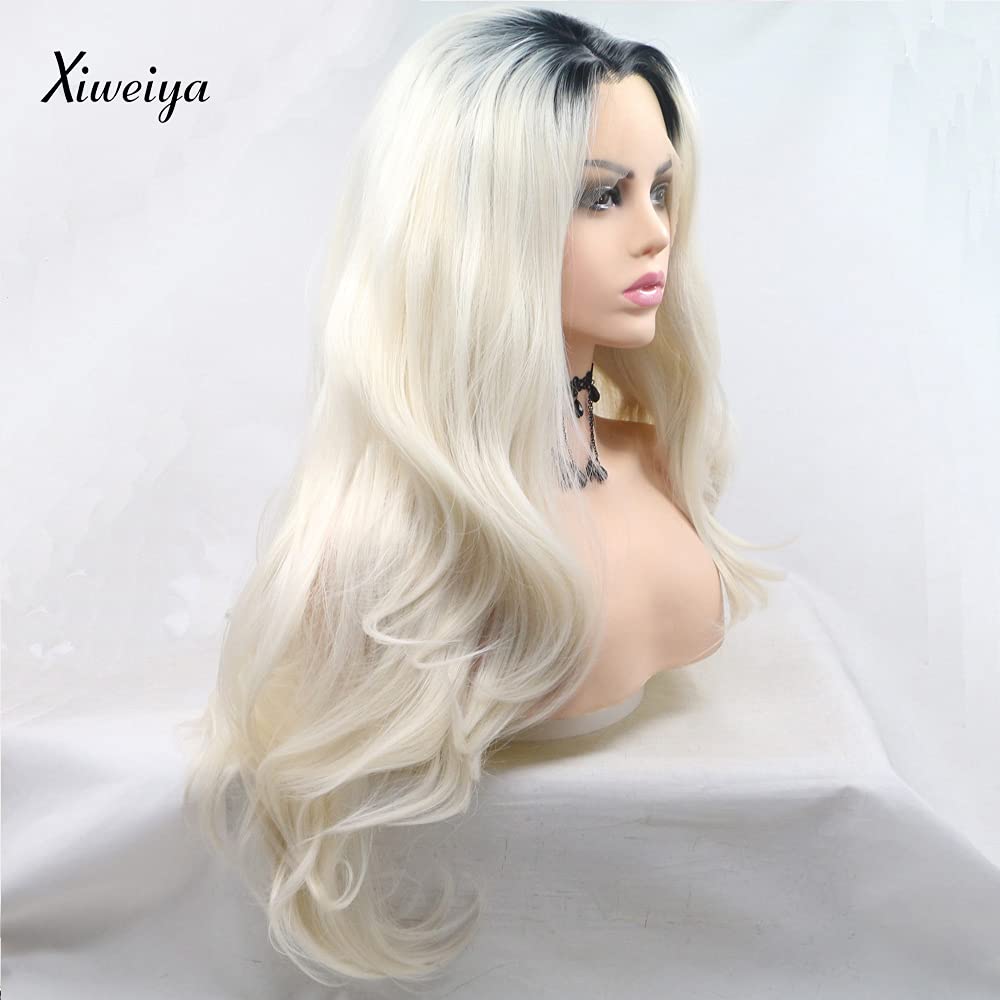 Xiweiyap White Wig Long Wacy Platinum Blonde Synthetic Lace Front Wig With Dark Roots Heat Resistant Fiber for American Women Daily Wear Makeup Party (White)