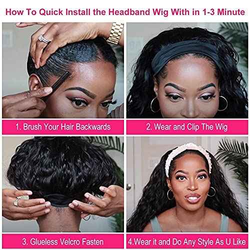 10 Inch Curly Headband Wig Human Hair Natural Color Glueless Headband Wigs for Women None Lace Front Wigs With Headband Attached Human Hair Wigs