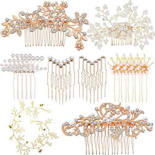 64 Pieces Hair Accessory Set: 20 Flower Rhinestone Sticks, 20 Pearl Pins, 3 Crystal Combs, Pearl Vine, 20 U-Shaped Clips (Novel Style)