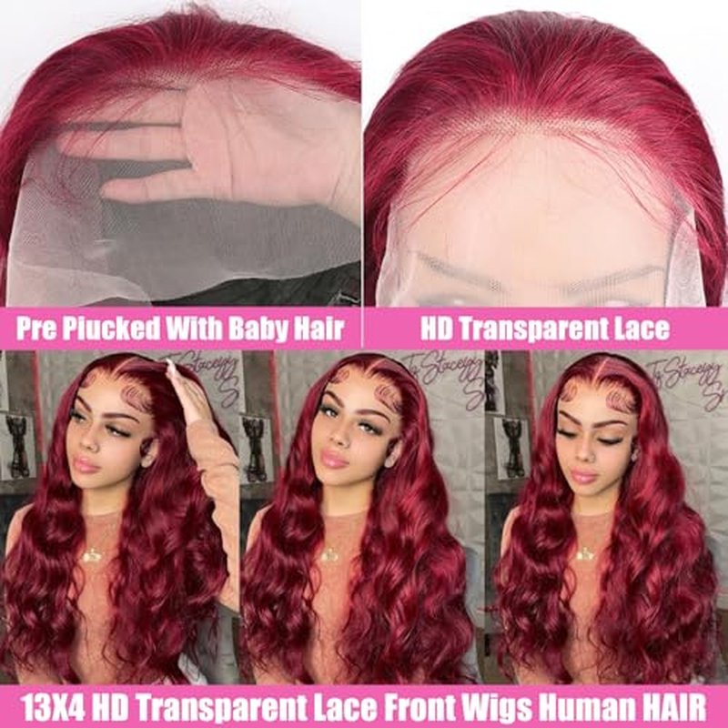 99j Burgundy Lace Front Wigs Human Hair 13x4 HD Transparent Body Wave Lace Front Wigs Human Hair Pre Plucked 180% Density Glueless Wine Red Human Hair Wigs for Women (28)