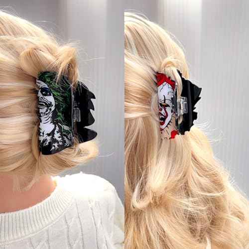 4pcs Spooky Halloween Hair Accessories, 4inch Large Scream Mask Claw Clips, Fun Halloween Hair Clips, Skull Ghost Decorative Claw Clips, Cyberpunk Green Hair Water Ghost Hair Clips