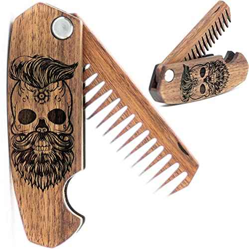 Beard Comb Gifts for Him Wooden Comb for Men Folding Pocket for Moustache Hair Walnut Combs Husband with the Engraving (Skull)