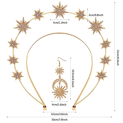 M&C Music Color Halo Crown Moon Stars Goddess Crown Halo Headband Crown Celestial Headband Tiaras Crowns for Women Wedding Bridal Prom Tiara with Star Earrings Dangle Gold
