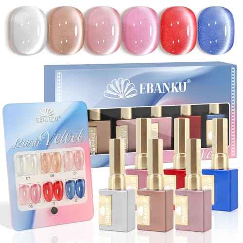 EBANKU 6Pcs 0.5Oz Cat Eye Gel Polish Set Same Color Same Bottle, Holographic Nude Pink Purple Magnetic Gel Nail Polish Kit, Soak Off UV Gel Cat Eye for Manicure Salon DIY at Home