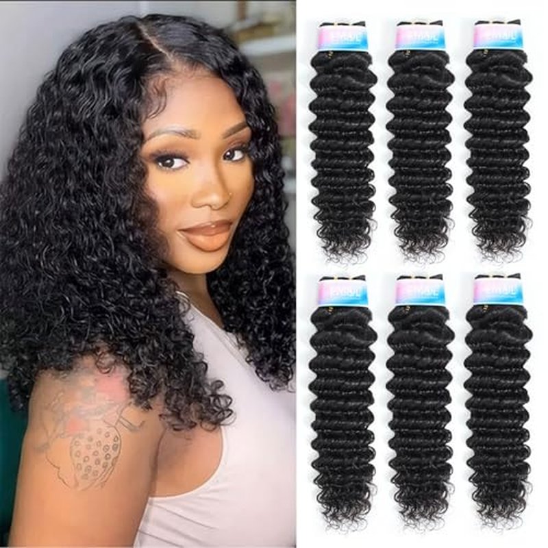 Deep Wave Bundles, Curly Bundles Human Hair, 16 18 20 Inch, Wet and Wavy, Natural Black, Soft, 285g-300g, Brazilian Hair