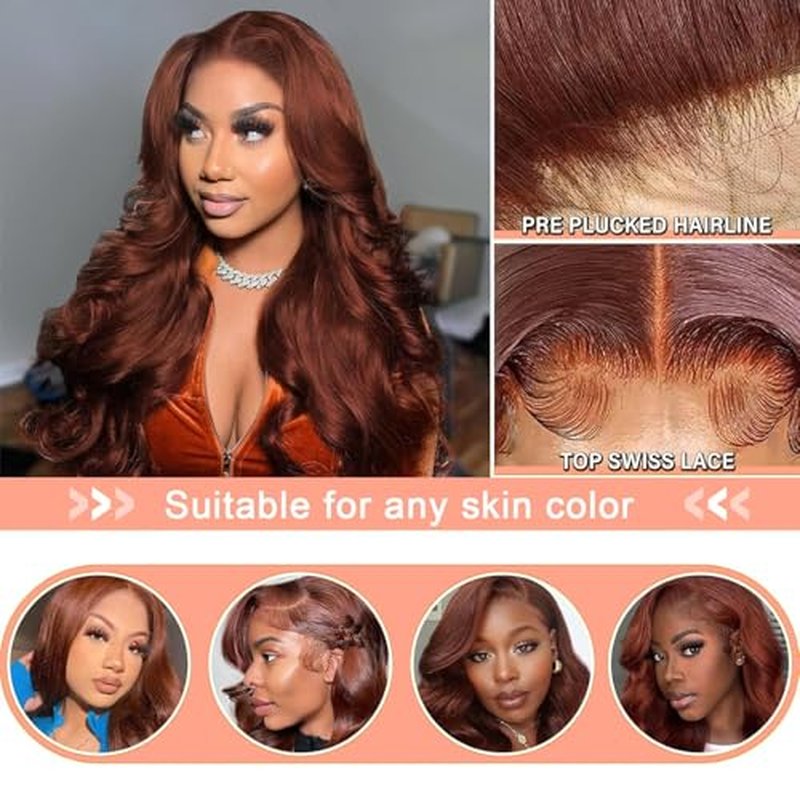 Reddish Brown Lace Front Wigs Human Hair Pre Plucked 13x6 Body Wave Lace Frontal Wigs Human Hair 16 Inch 180% Density Auburn Colored