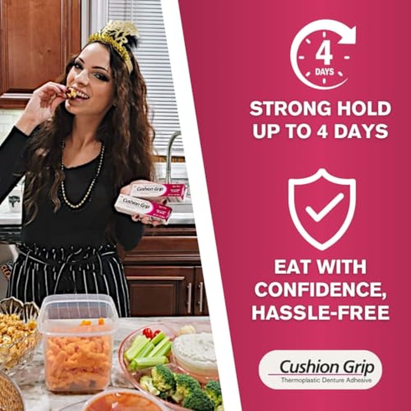 Cushion Grip Thermoplastic Denture Adhesive 1oz (10 Pack)?Extra Strong Hold Up to 4 Days, Unmatched Strength, Waterproof & Zinc Free, Relieves Sore Gums, Comfortable Refit, Long Lasting Denture Refit