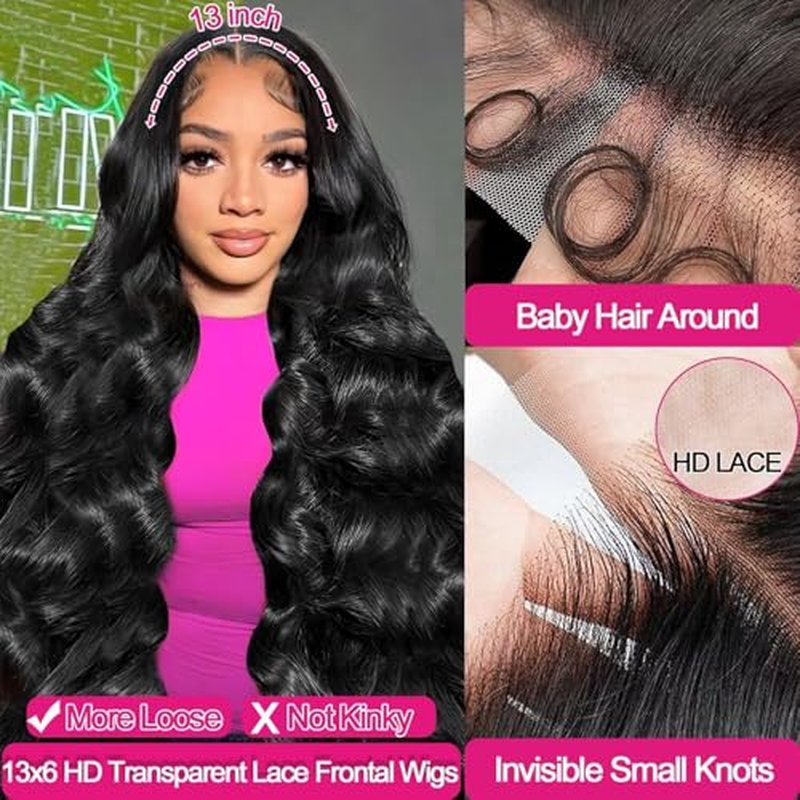 13x6 Lace Front Wigs Human Hair Pre Plucked, 180% Density Body Wave HD Transparent Lace Frontal Wigs with Baby Hair for Women, Glueless Wig, Natural Black, 26 Inch