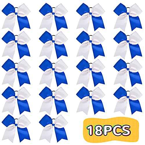 18PCS 8" Large Cheer Bow White Blue Ponytail Holder Elastic Band Hair Ties Hair Bow Accessories for Cheerleading Teen Girls High School College Softball Competition Sports