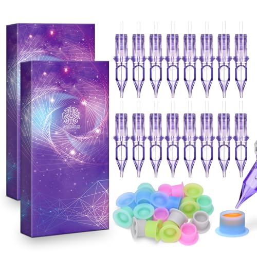 ATOMUS 20pcs Tattoo Cartridge Needles with 20pcs Silicone Ink Cups Size #10 RL RS RM M1 Purple Round Liner Tattoo Needles for Tattoo Gun Pen Liner Pattern (1RL)