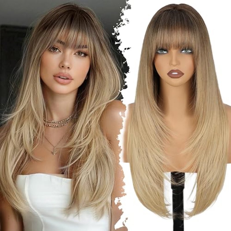 Blonde Wig with Bangs, 4x4 Realistic Scalp, Free Parting, Long Ombre Blonde Layered Wigs for Women, Realistic Natural Looking Heat Resistant Synthetic Wigs for Daily Party Cosplay Use 26Inch