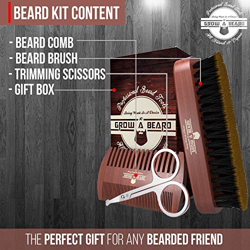 Beard Brush For Men & Beard Comb Set w/Mustache Scissors Grooming Kit, Natural Boar Bristle Brush, Dual Action Wood Comb, And Travel Bag Great For Christmas Gift