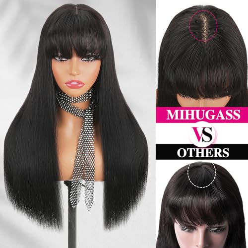 Lace Closure Human Hair Wigs With Bangs 2x4 Lace Front Wigs For Women 200% Density Brazilian Virgin Hair Glueless Wig Natural Black Color(18 Inch)