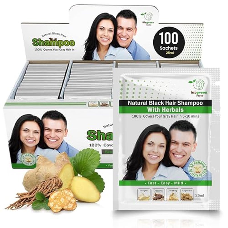 Ammonia-Free & Paraben Free Herbal Hair Shampoo - Hair Dye Shampoo for Women & Men - Natural Color & Herbal Nourishment - No Stain on Skin - Natural Black (100 sachets x 25 ml)
