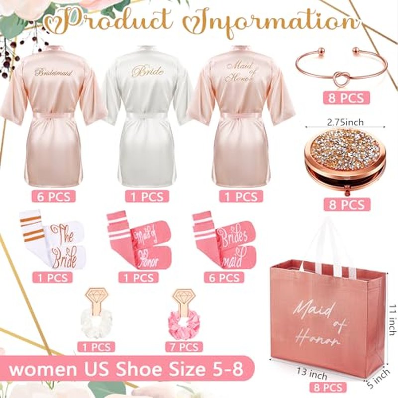 Toulite 48 Pcs Bridesmaid Robe Sets Silk Satin Bride Party Robes with Bachelorette Gift Handbags Knot Bracelets Hair Ties Rhinestone Mirrors and Socks for Bridesmaid Wedding Bachelorette Party