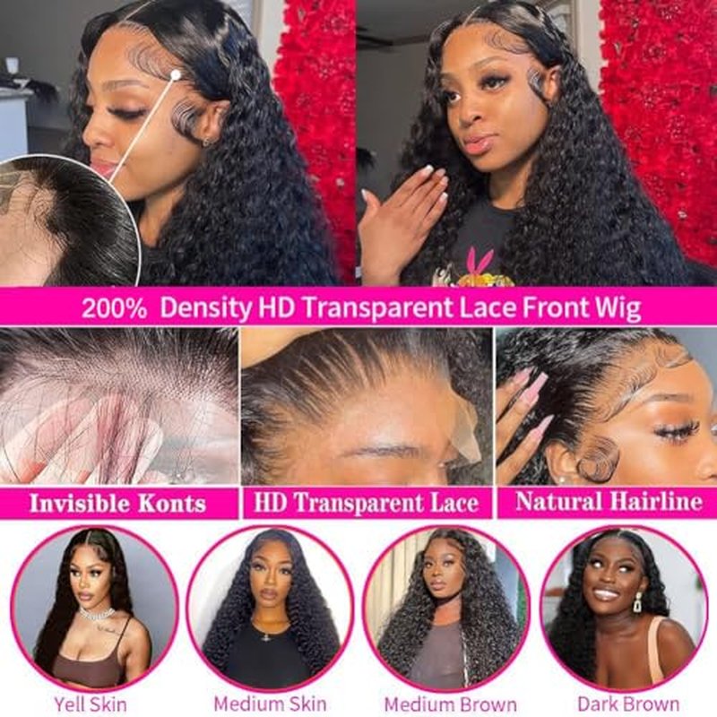 22Inch 13X6 Lace Front Wigs Human Hair 200% Density Deep Wave HD Transparent Lace Front Wigs Human Hair Pre Plucked Glueless Wigs Deep Curly Human Hair for Women With Baby Hair