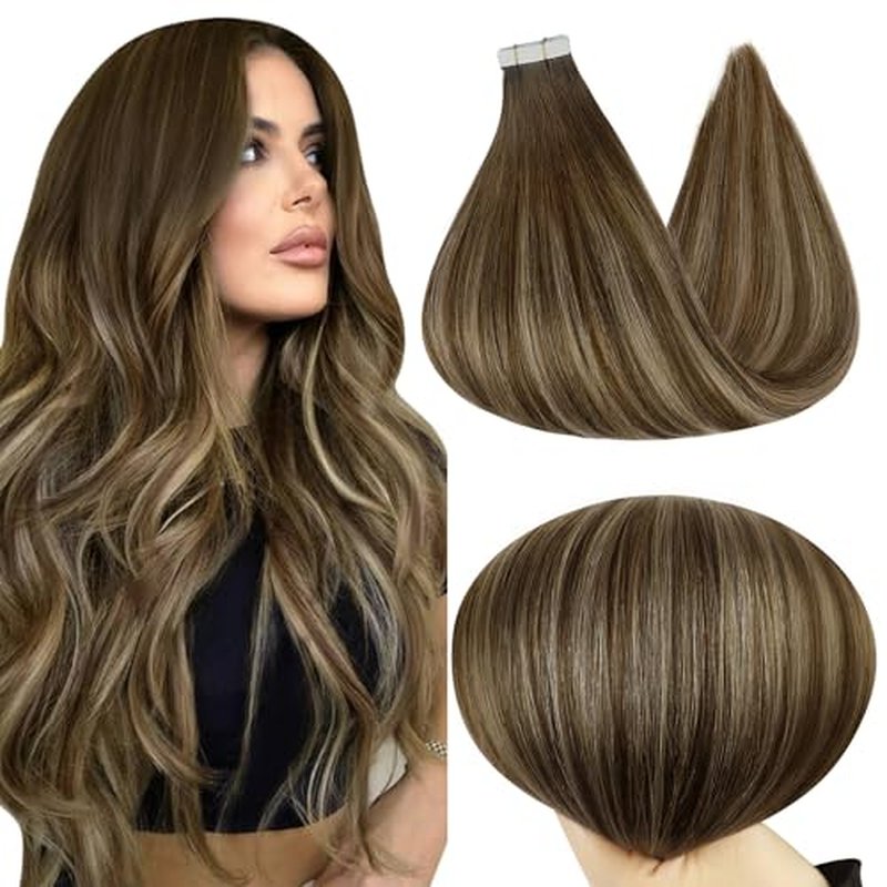 Full Shine Ombre Hair Extensions Tape in Hair Extensions Human Hair 20INCH Color 4 Medium Brown to 24 Blonde and 4 Medium Brown 100G 40PCS Tape ins Straight Skin Weft Add Volume