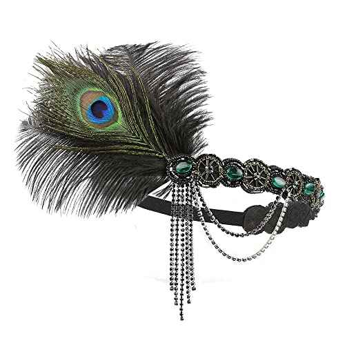 STIOEDYUAN 1920s Feather Headband Flapper Headpiece Beaded Gatsby Rhinestone Hair Chain Accessories Women Tassel Headdress