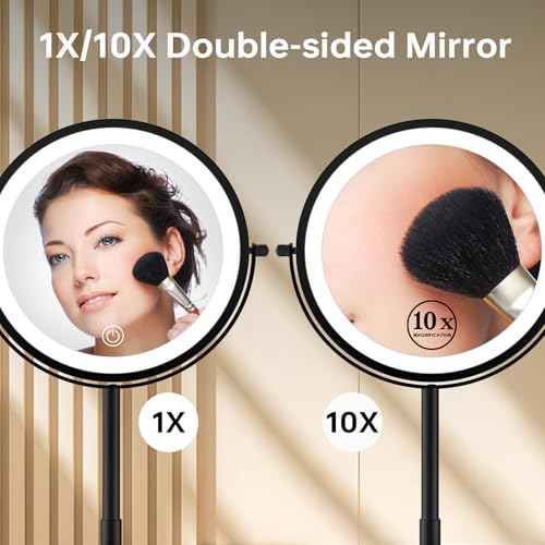 Folding Travel Makeup Mirror with Lights and Magnification,7¡± Double Sided 1X/10X Lighted Magnifying Mirror with Rechargeable Battery,Brightness Adjustable,3 Color Lighting, Black