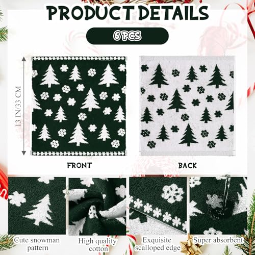 6 Pcs Christmas Washcloths Cotton Wash Cloths 13" X 13" Winter Xmas Kitchen Small Face Towels Absorbent Soft Bath Towels for Christmas Holiday Party Decor(Green,Xmas Tree)