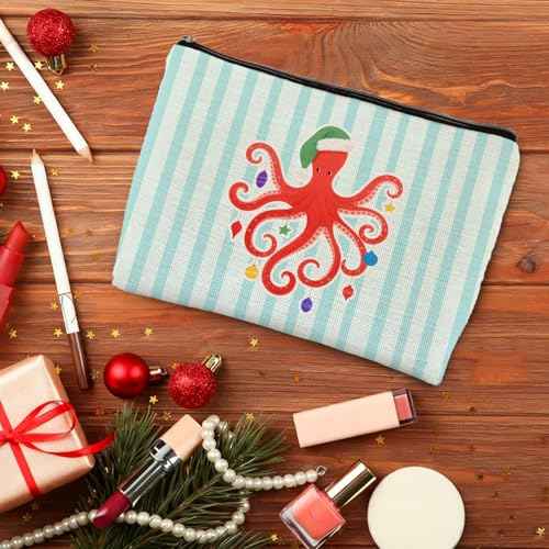 Beach Christmas Octopus Makeup Bag, Octopus Gifts for Women, Coastal Beachy Christmas Cosmetic Bags for Women, Xmas Ocean Sea Animal Striped Zipper Makeup Pouch Travel Toiletry Bag