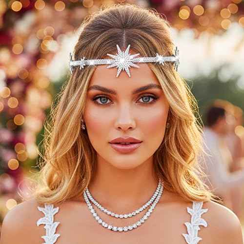 JEAIRTS Rhinestone Headband Silver Star Hair Band Sparkly Bridal Forehead Crystal Headpiece Prom Rave Hair Accessories for Women