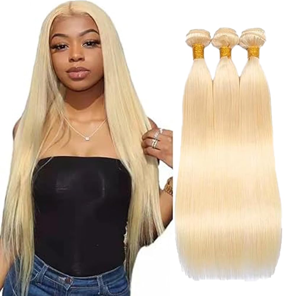 613 Bundle Human Hair Bundles Blonde 16 18 20 Inch Blonde 613 Color Straight Bundles Human Hair Blonde Bundle Unprocessed Brazilian Virgin Quick Weave Hair for Black Women