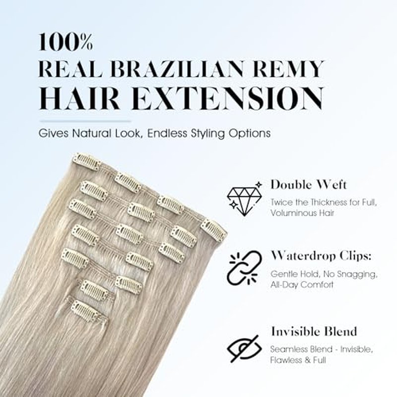 SIYUSI Clip in Hair Extensions Real Human Hair, 100% Brazilian Remy Human Hair Clip Ins, Invisible & Scalp-Friendly, Platinum Silver Color,7Pcs 4.23oz, 20 Inch