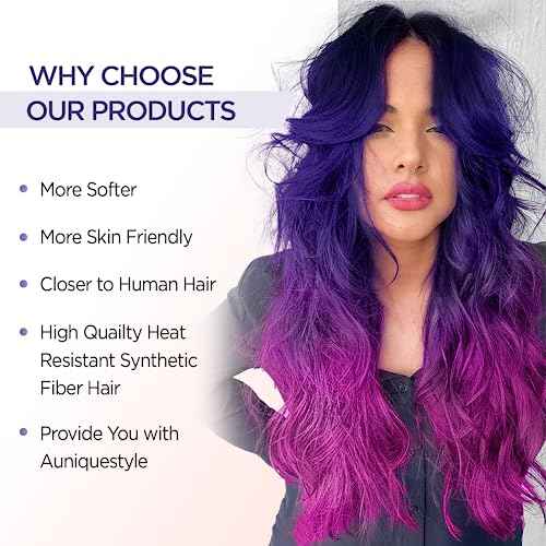 Quantum Love Long Purple Wavy Wigs Ombre Purple Body Wave Mermaid Hair Wig for Women Middle Part Colorful Curly Synthetic Hair for Halloween Cosplay Daily Party Use