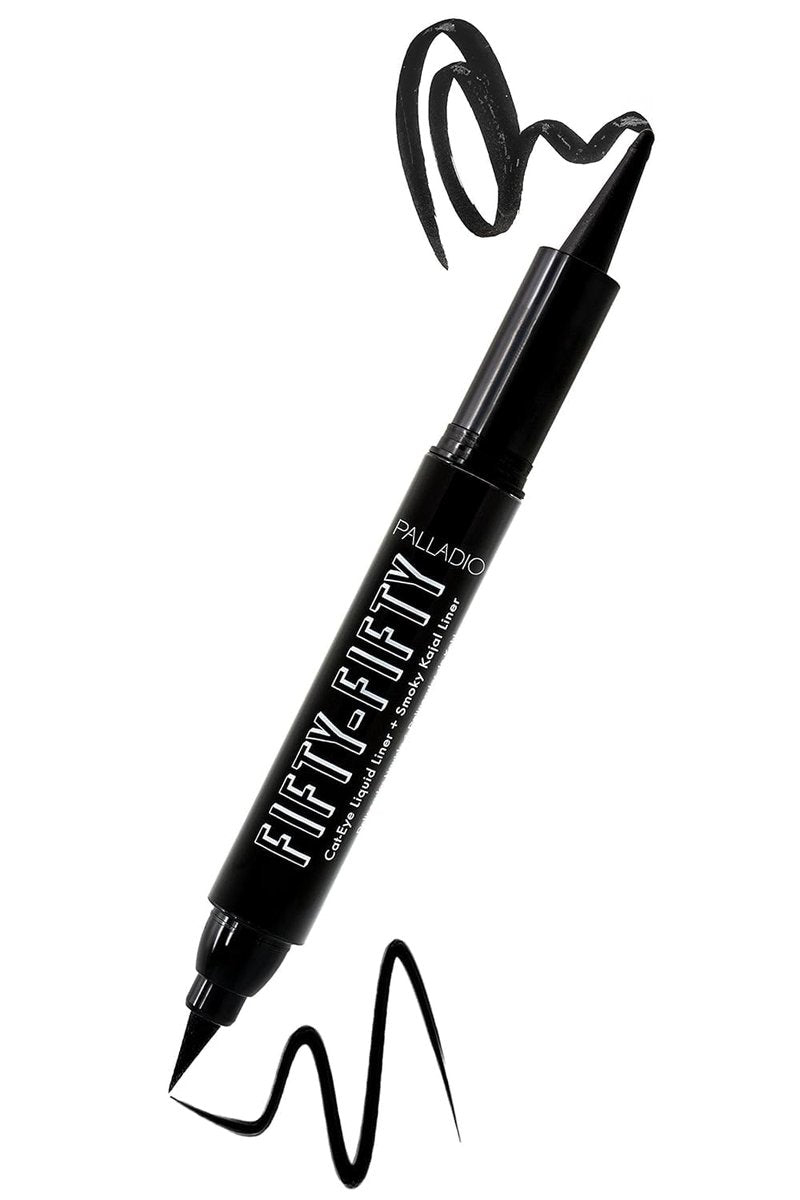 Palladio Fifty-Fifty Eye Liquid Liner, Dual Ended, Professional Eye Styling, Ultra-Soft Kajal crayon and Super Precise Fiber Tip Liner, Smoky and Defined Looks, Smudge Proof, Quick Drying, Black Cat