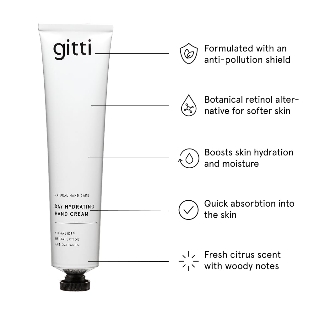 gitti Day Hydrating Cream I Natural Hand Care, Non-Toxic, 98% Natural Origin, Cruelty-Free, Vegan, Botanical Retinol Alternative, Hydrates Skin, Anti-Pollution Effect, Citrusy-woody Scent (2.53 fl oz)