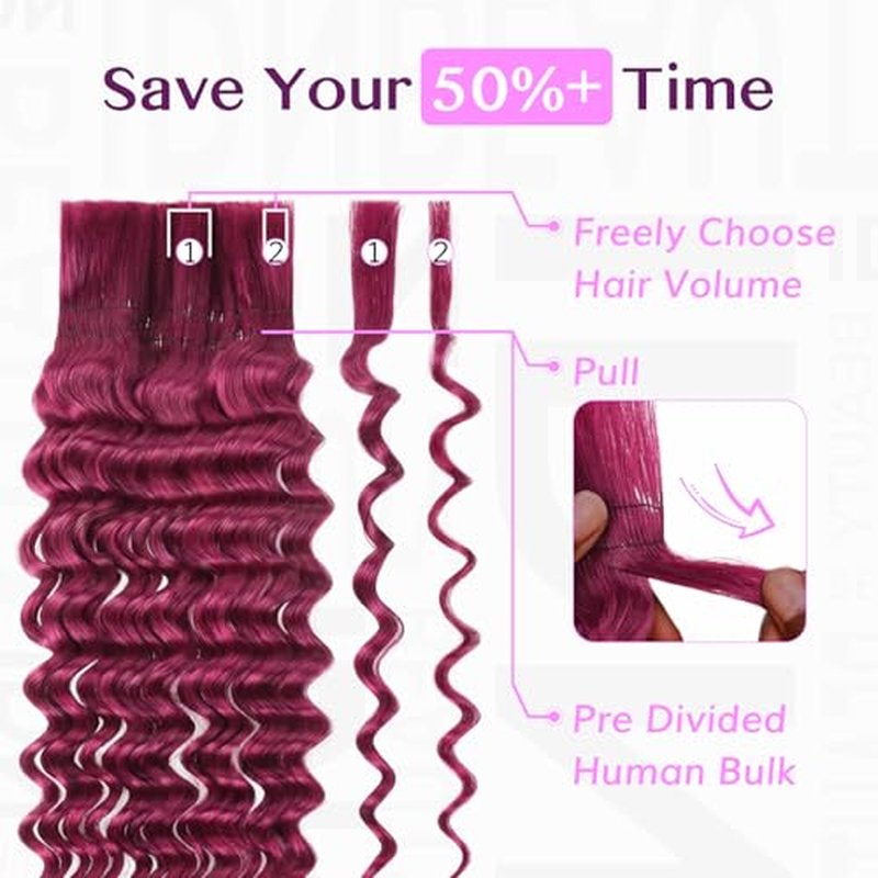 IDN BEAUTY Pre Divided Human Braiding for Boho Braids Hair Extensions, 24 Inch 100g 99J Burgundy Deep Wave Human Hair for Braiding Bohemian No Weft 12A Virgin Brazilian Wet and Wavy