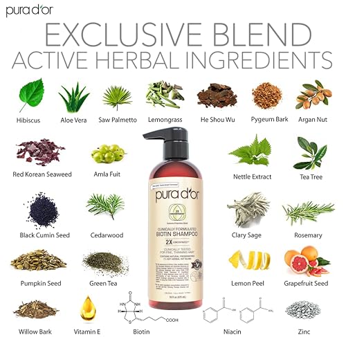 PURA D'OR Professional Grade Biotin Shampoo, Clinically Proven Anti-Thinning Hair Care, 2X Concentrated DHT Blocker Hair Thickening Products For Women & Men, 16oz