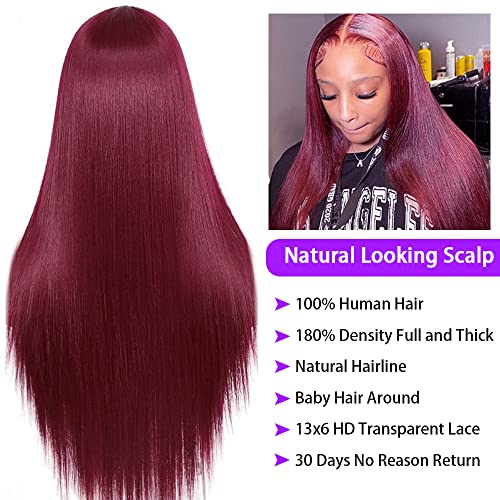 CHEETAHBEAUTY 99j Burgundy Lace Front Wigs Human Hair 16Inch 13x6 Burgundy Wig Human Hair 220% Density Brazilian Virgin Straight Human Hair Wigs for Women Pre Plucked with Baby Hair