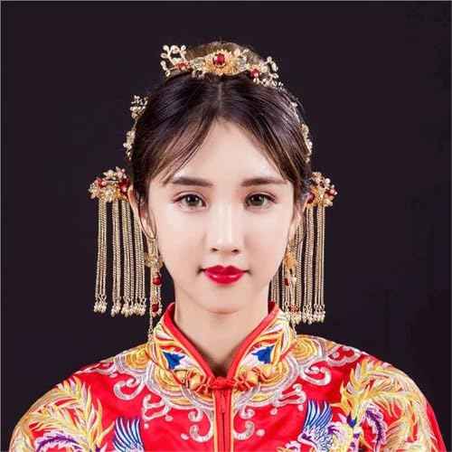 Women Gold Butterfly Hair Comb Traditional Chinese Wedding Headdress Accessories Red Pearl Stick Head Jewelry Bridal Headpiece