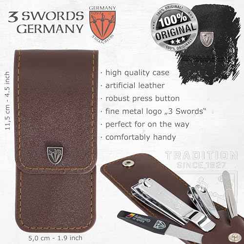 3 Swords Germany - Brand Quality 4 Piece Manicure Pedicure Grooming kit Set for Professional Finger & Toe Nail Care Tweezers File Clipper Brown Synthetic Leather case - Made by 3 Swords