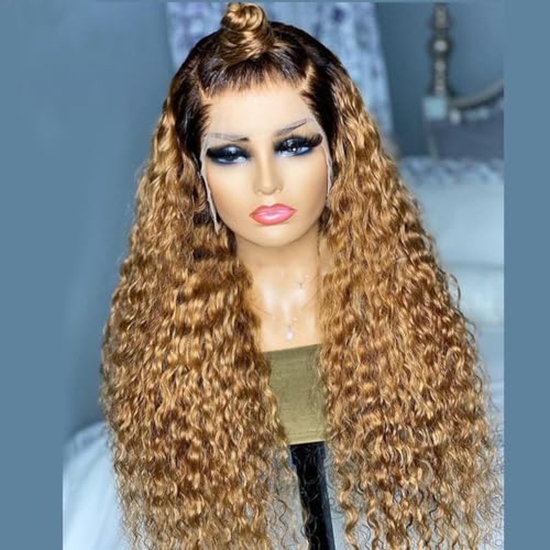 Curly Human Hair Wig Omber T 27 Lace Frontal Closure Deep Curly Human Hair Wig Pre Plucked Pre Cut Lace Frontal Closure Glueless Wigs Elastic Band 200% Density