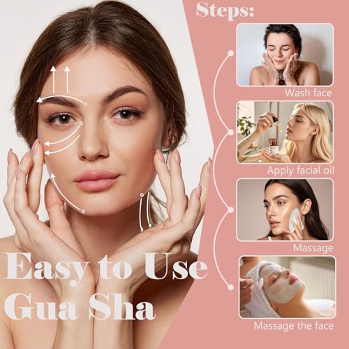 Gua Sha Facial Massage Tool and Roller Set, Facial Massager for Face, Neck, Arms, Eyes, Reduce Puffiness, Improve Wrinkles, Daily Self-Care Gift for Men and Women Emerald Green Pink White