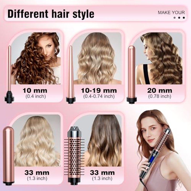 Bo'laiya 5 in 1 Curling Wand Set with Curling Brush and Temperature Display, 4 Interchangeable Ceramic Curling Wand(0.4'' - 1.3'') and Heat Protective Glove & 2 Clips -Rose Gold