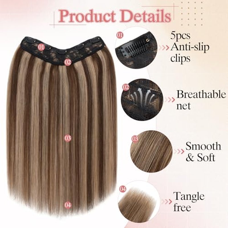 One Pieces Clip in Hair Extensions Human Hair Upgraded V-Shaped 5 Clips in Hair Extensions Human Hair Long Hairpiece For Women,18 Inch,#4P27 Medium Brown mixed Dark Blonde,70g
