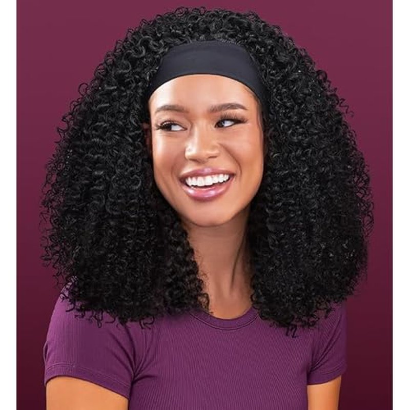 Urbeauty Short Kinky Curly Headband Wigs for Black Women Human Hair Soft Feeling Protein Silk Synthetic Hair Soft Lightweight Glueless Quick Install, Beginner Friendly Daily & Flip Over Wig