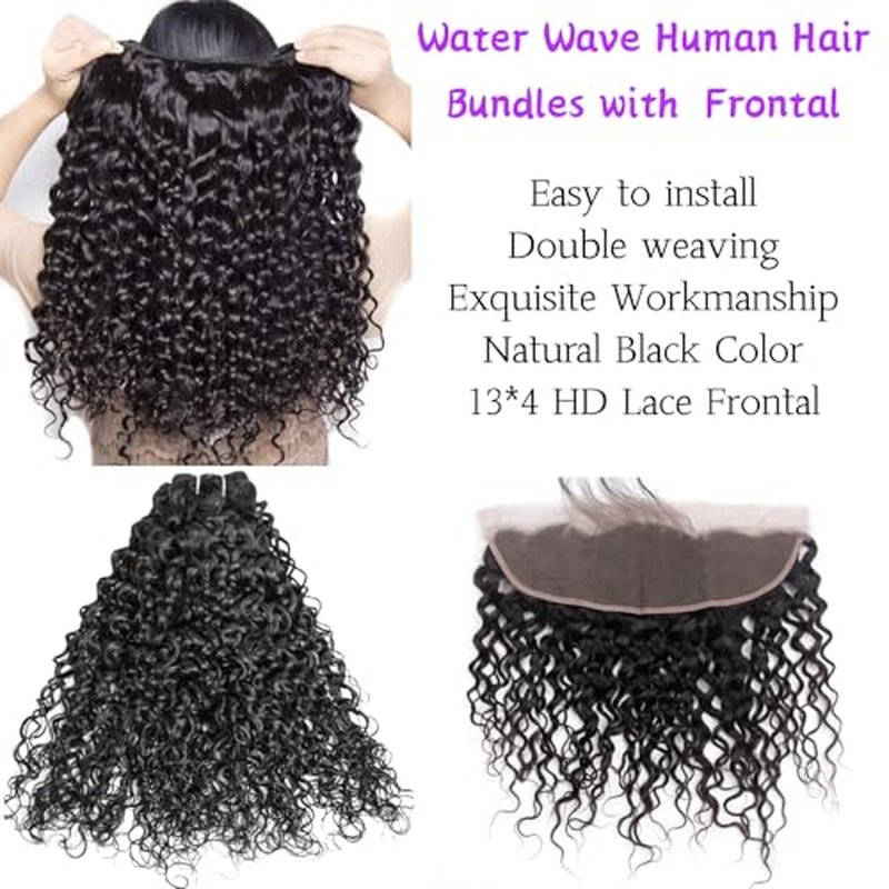 12A Human Hair Bundles With Closure Frontal (18 20 22 +16£¬Free Part) Water Wave 3 Bundles with 13x4 HD Lace Frontal Wet and Wavy 100% Brazilian Virgin Curly Human Hair for Women