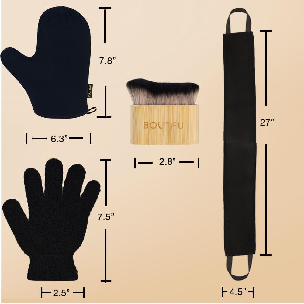 4 Pack Self Tanning Mitt Applicator Kit - 1 Self Tan Mitt, 1 Back Tanning Applicator, 1 Ultra Soft Self Tanner Brush, 1 Exfoliating Glove, for Sunless Streak-Free Fake Tan (Black)
